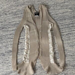 Jean Paul Gaultier Taupe Ribbed Button-Front Cardigan with Cream Lace